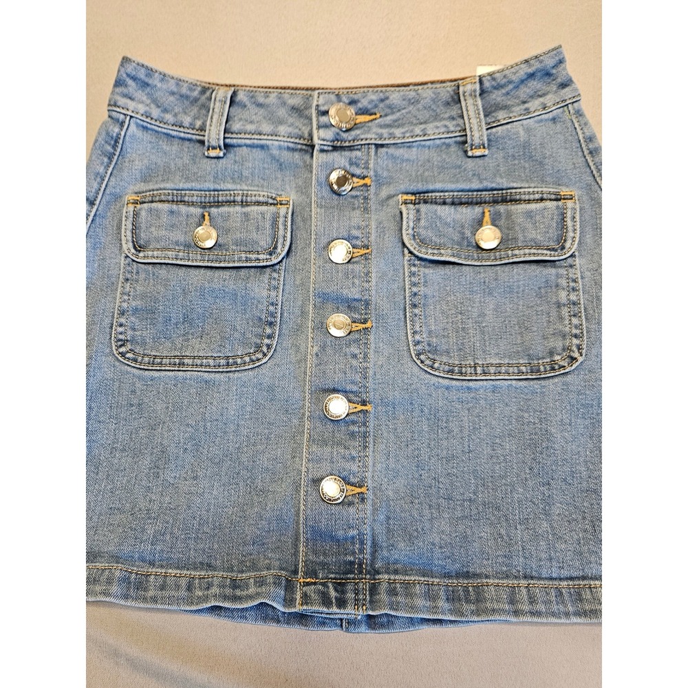 American Eagle Denim Skirt Women 00 Blue Button Front Mini Stretch A-Line Pocket